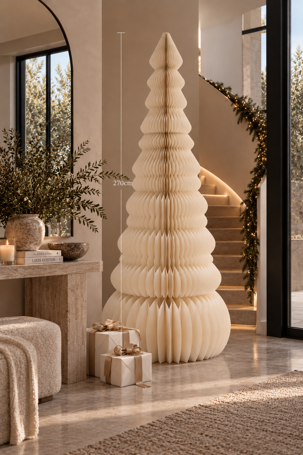 Élan paper Christmas tree, 270cm, in Off white, beside a staircase with a garland, with a line marking its height and wrapped gifts