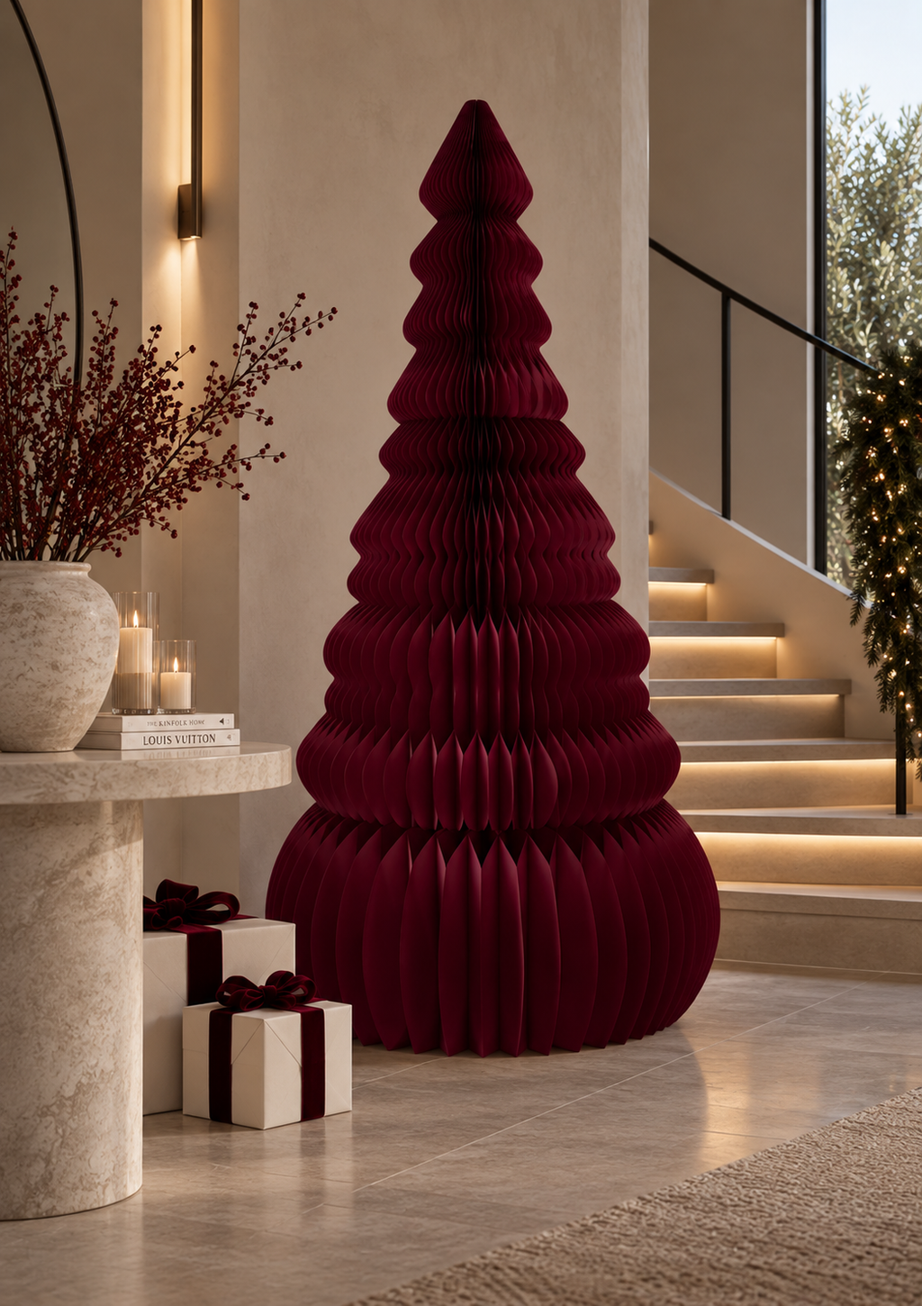 Élan paper Christmas tree in Burgundy at the foot of a lit staircase, beside a stone console with candles and wrapped gifts