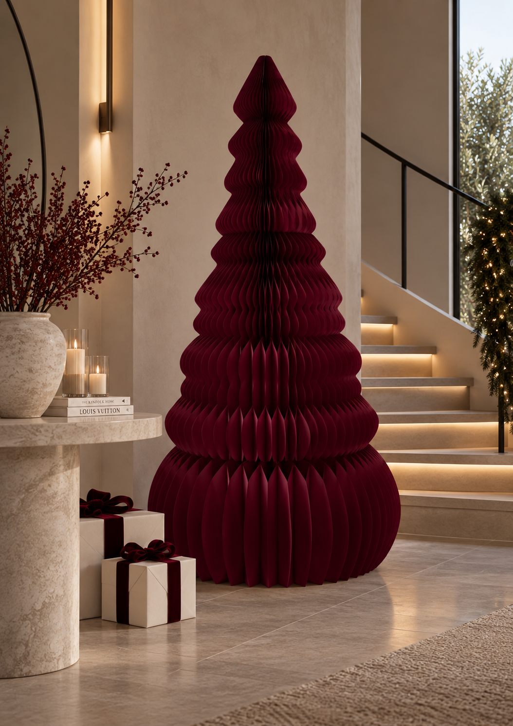 Élan paper Christmas tree in Burgundy at the foot of a lit staircase, beside a stone console with candles and wrapped gifts