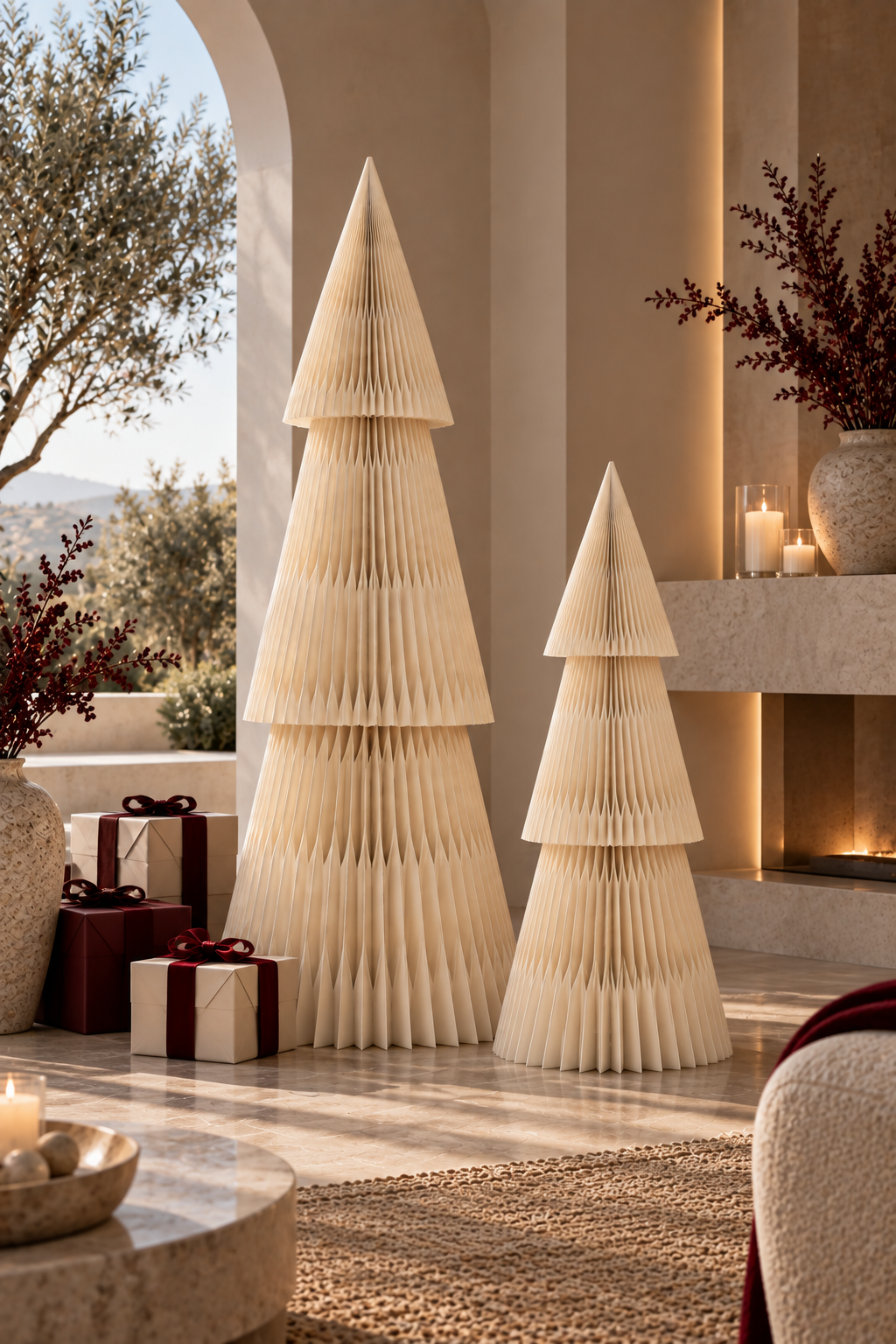 Two Forma paper Christmas trees in Off white beside a fireplace, with candles and wrapped gifts in a warm room