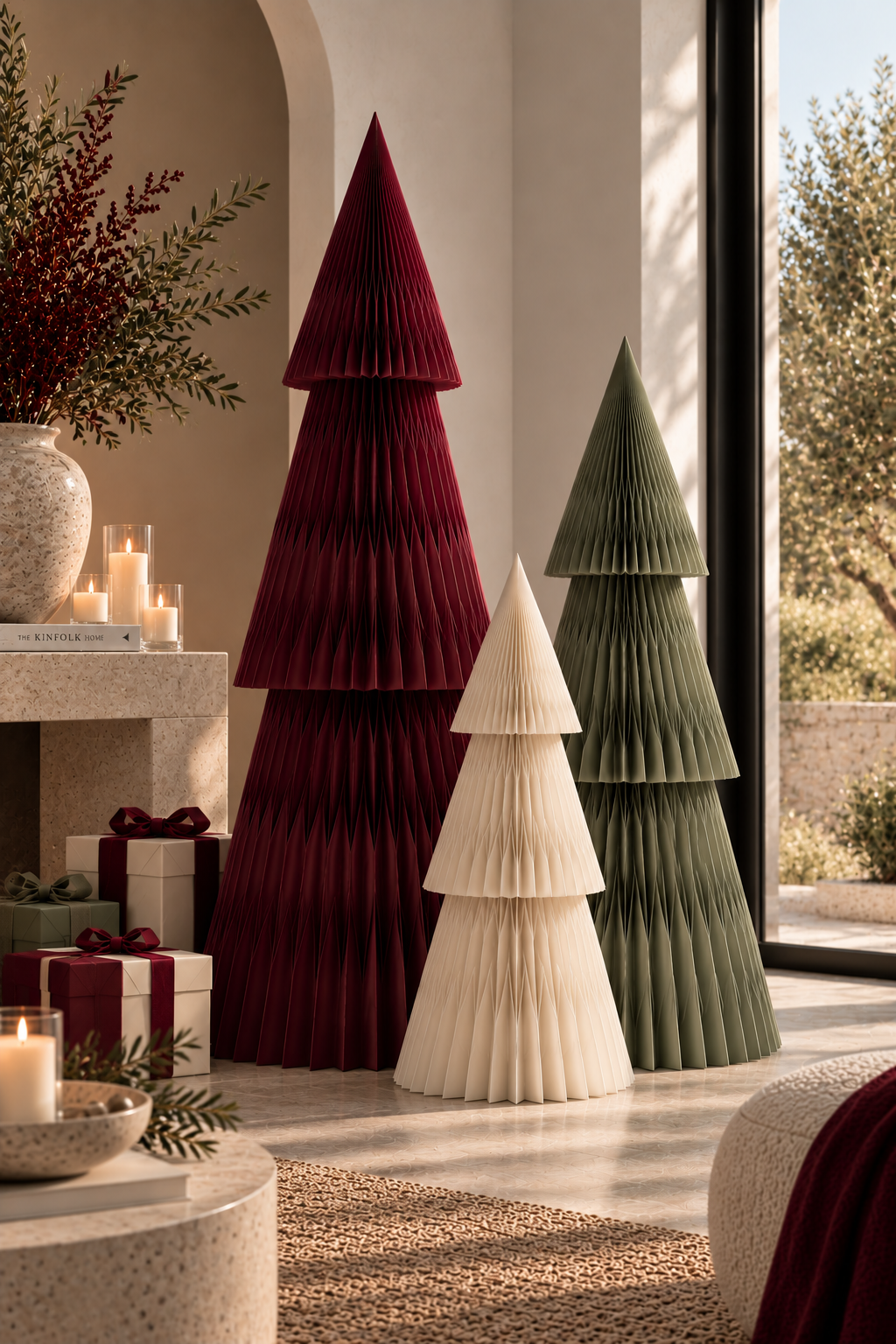 Three Forma paper Christmas trees in Burgundy, Off white and green beside a window, with candles and wrapped gifts