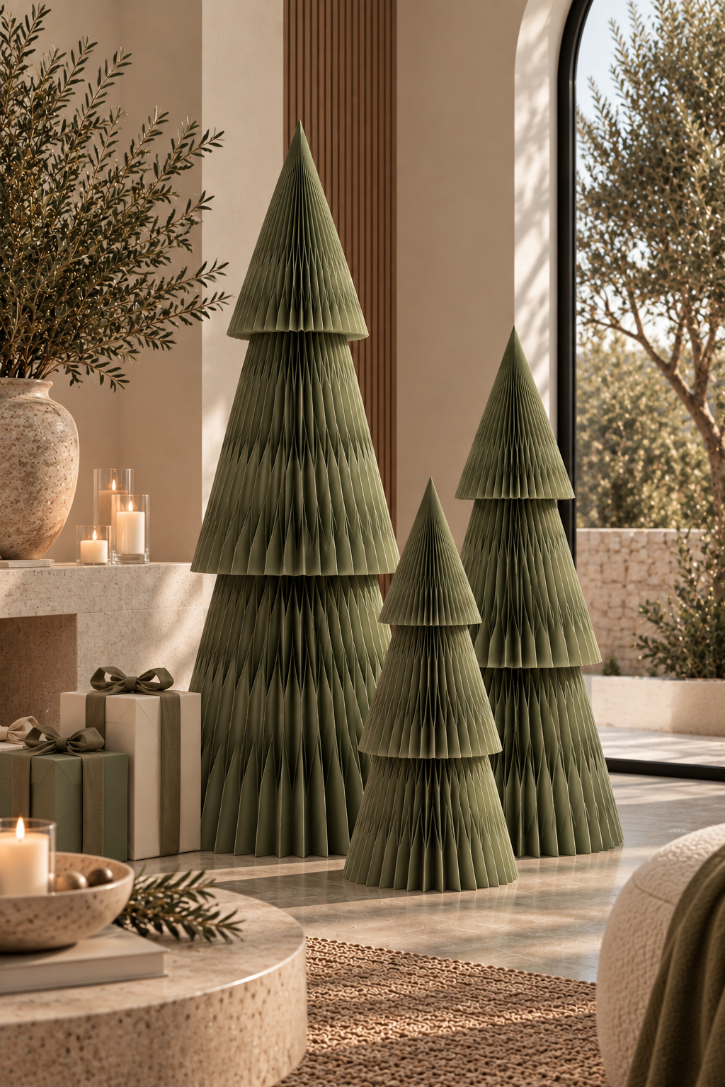 Three Forma paper Christmas trees in deep green, in three heights, in a sunlit room with candles and wrapped gifts