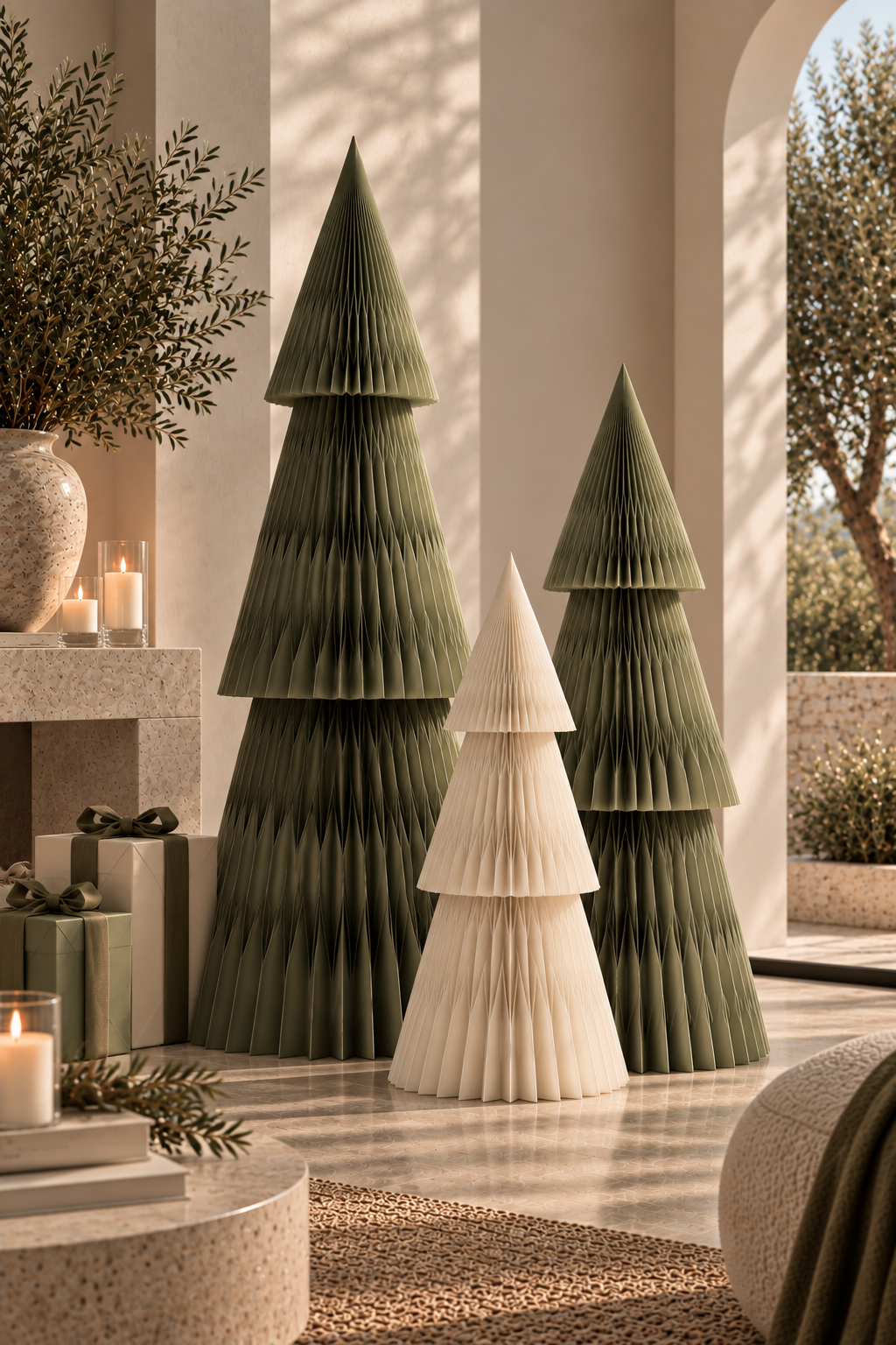 Two Forma paper Christmas trees in deep green and a smaller one in Off white, in a sunlit room with candles and wrapped gifts